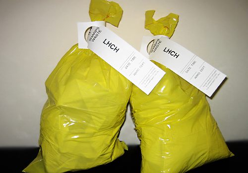 Clinical waste with self-tie tag for identification