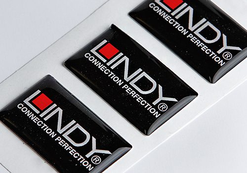 Resin domed black red and white vinyl label