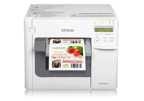Epson ColorWorks C3500 Inkjet Printer Epson C3500 inkjet printer with label being printed